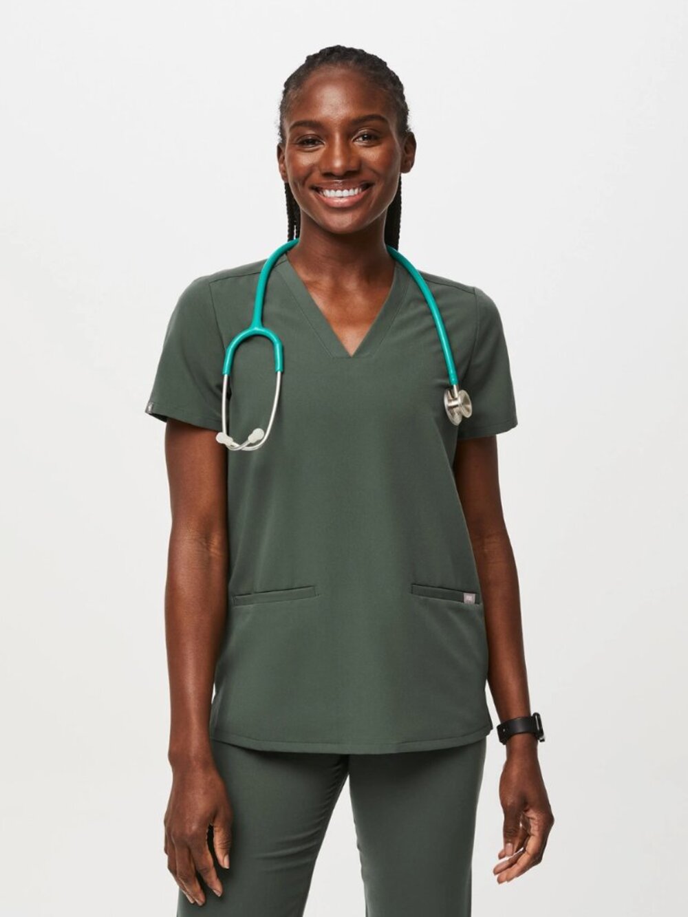 FIGS Casma 3 Pocket Scrub Top Women’s Small Olive Green (Moss) V Neck